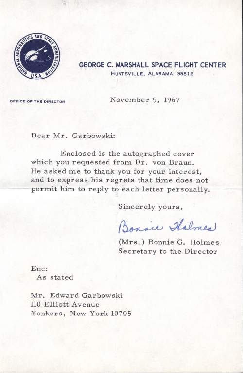 Wernher von Braun letter from secretary